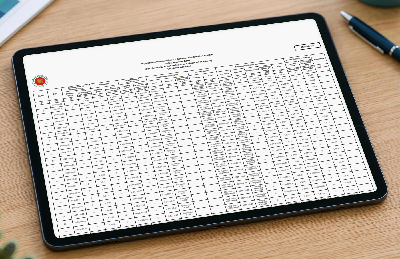 Mushak 6.2 sales accounts book generated in ERPNext with all columns of the official form