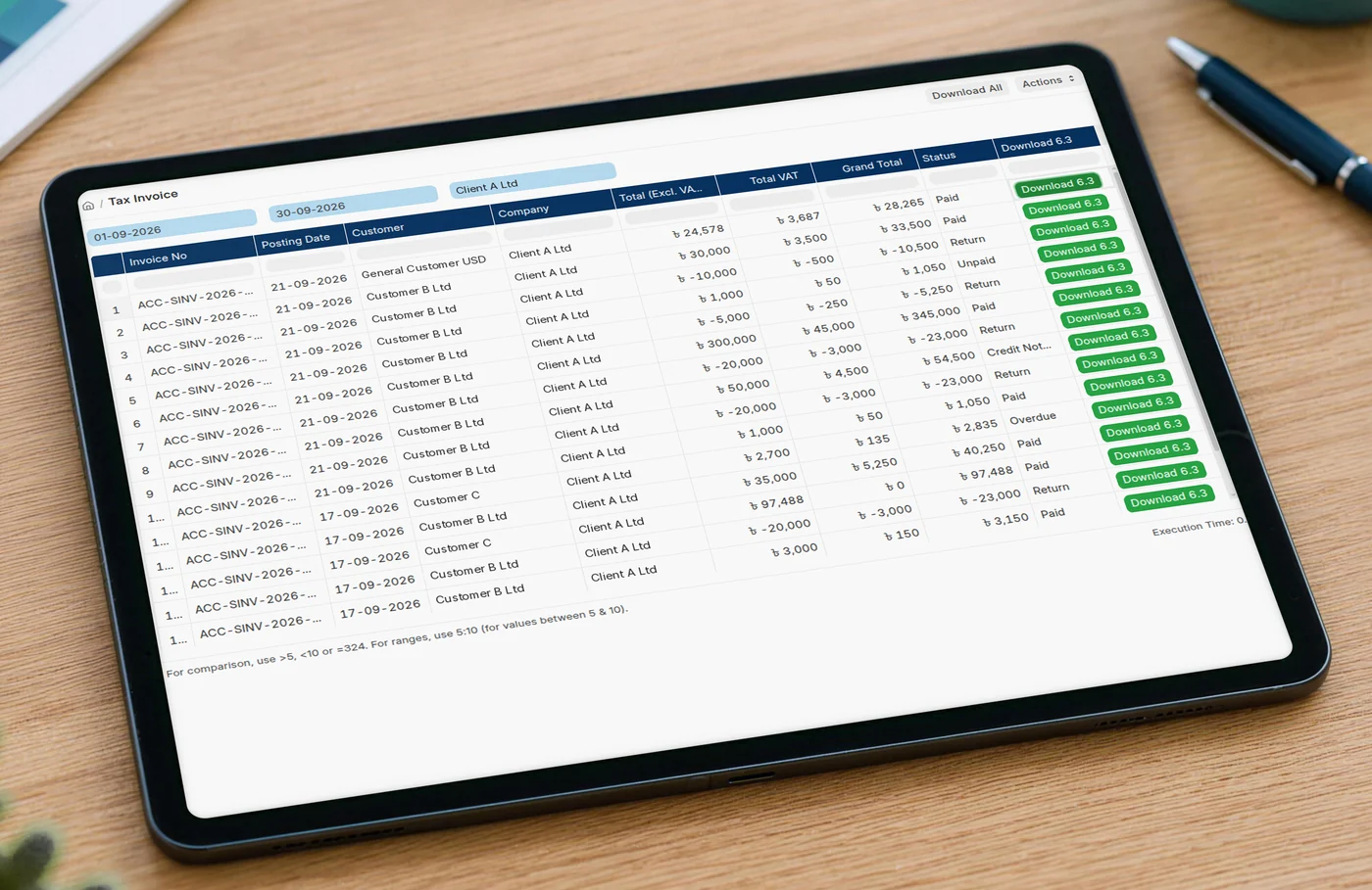 ERPNext tax invoice list with a Download 6.3 button on every invoice for the Mushak 6.3 tax invoice