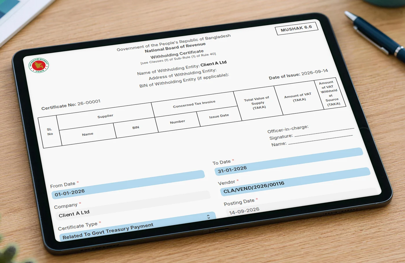 Mushak 6.6 VAT withholding certificate generated in ERPNext for a vendor and date range