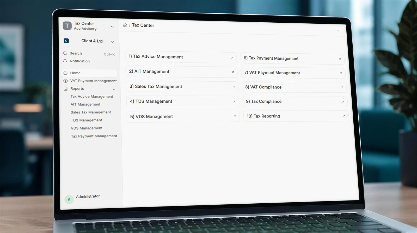 Laptop showing the ERPNext Tax Center built for ACE Advisory, with tax advice, AIT, sales tax, TDS and VDS management