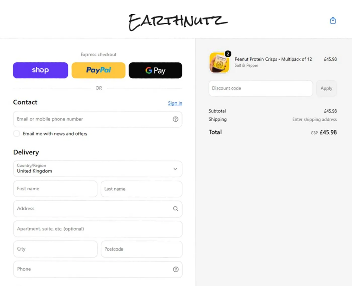 The Earthnutz Shopify checkout: express checkout, delivery details and a Peanut Protein Crisps order summary