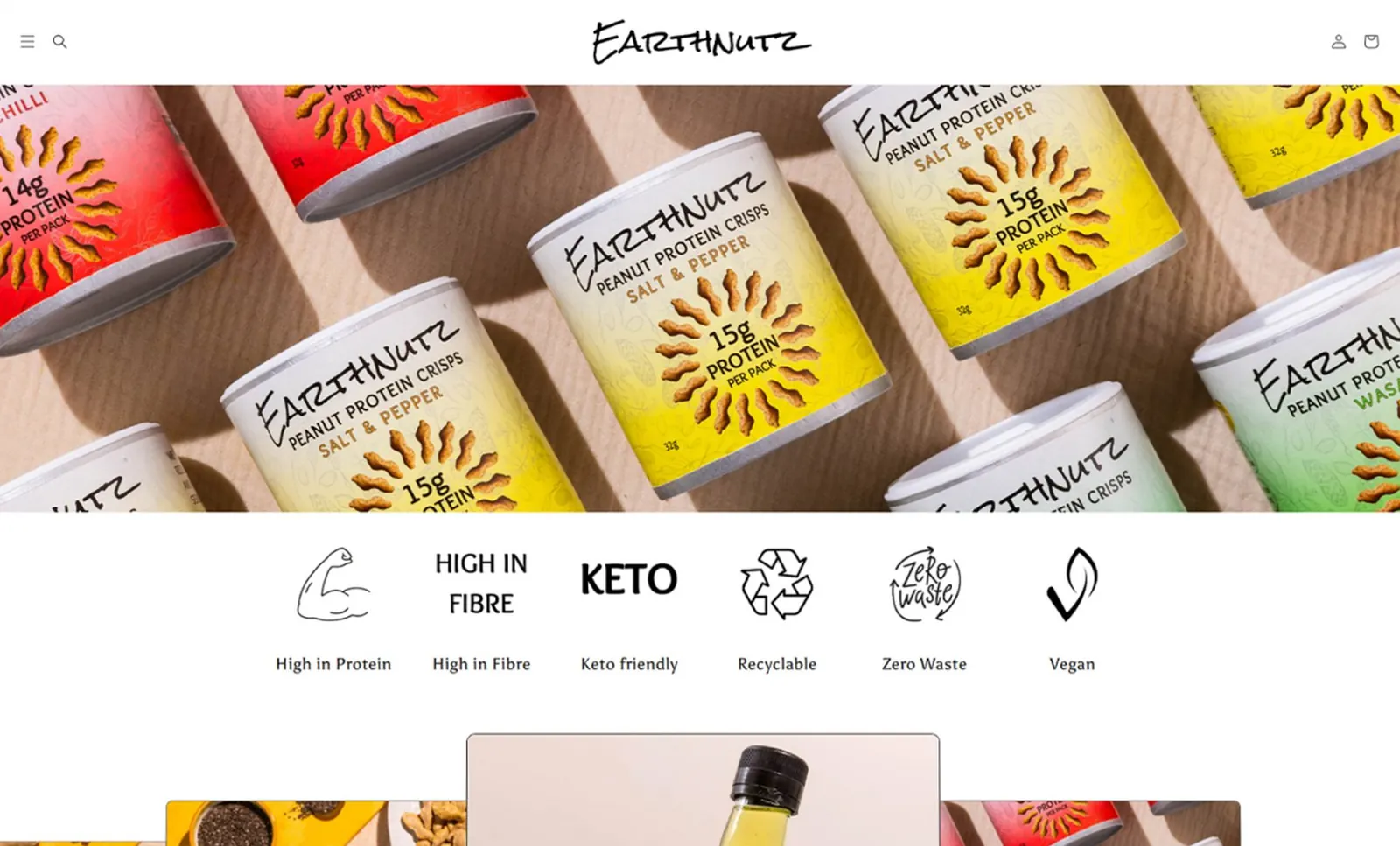 The Earthnutz online store homepage, showing Peanut Protein Crisps