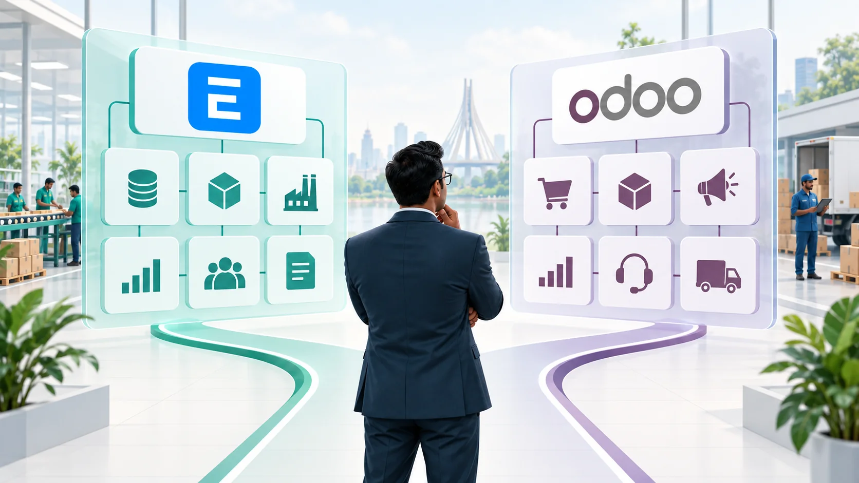 A business leader reviewing equally weighted ERPNext and Odoo systems for a manufacturing and distribution company