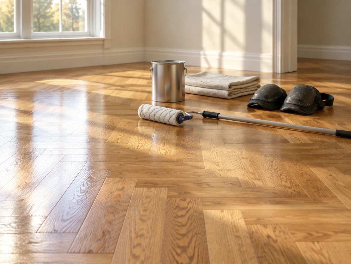 A finished herringbone oak parquet floor catching late afternoon light, with a lacquer roller, tin and knee pads set down beside it