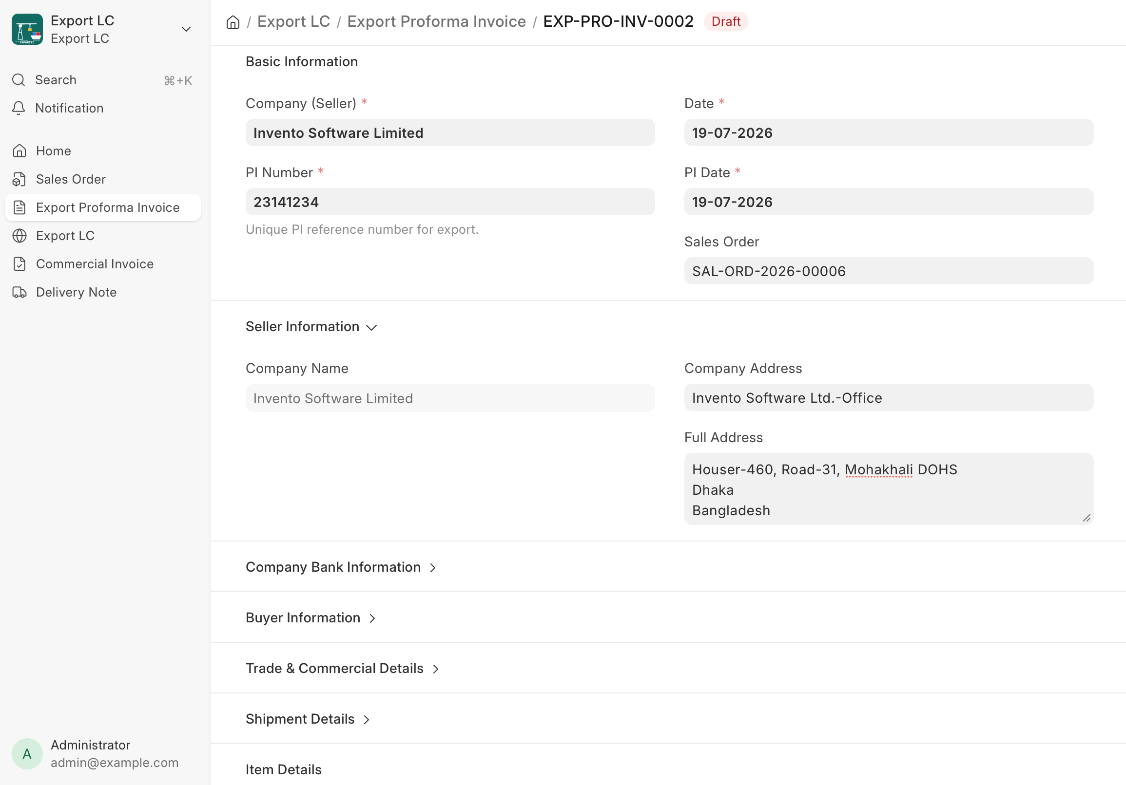 Export proforma invoice generated from a sales order in ERPNext