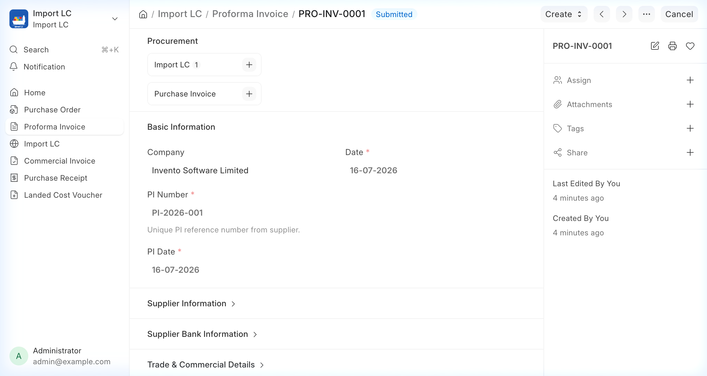 Import proforma invoice generated from a purchase order in ERPNext