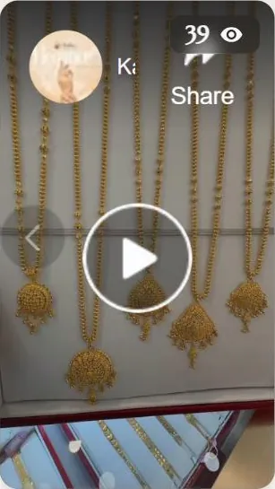 Kalam Jewelers Facebook reel of long gold necklaces on display, 39 views