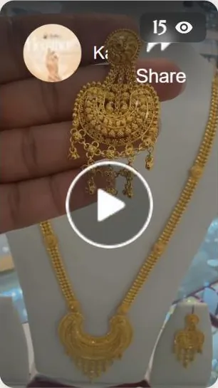 Kalam Jewelers Facebook reel of a gold earring held in hand beside a necklace set, 15 views