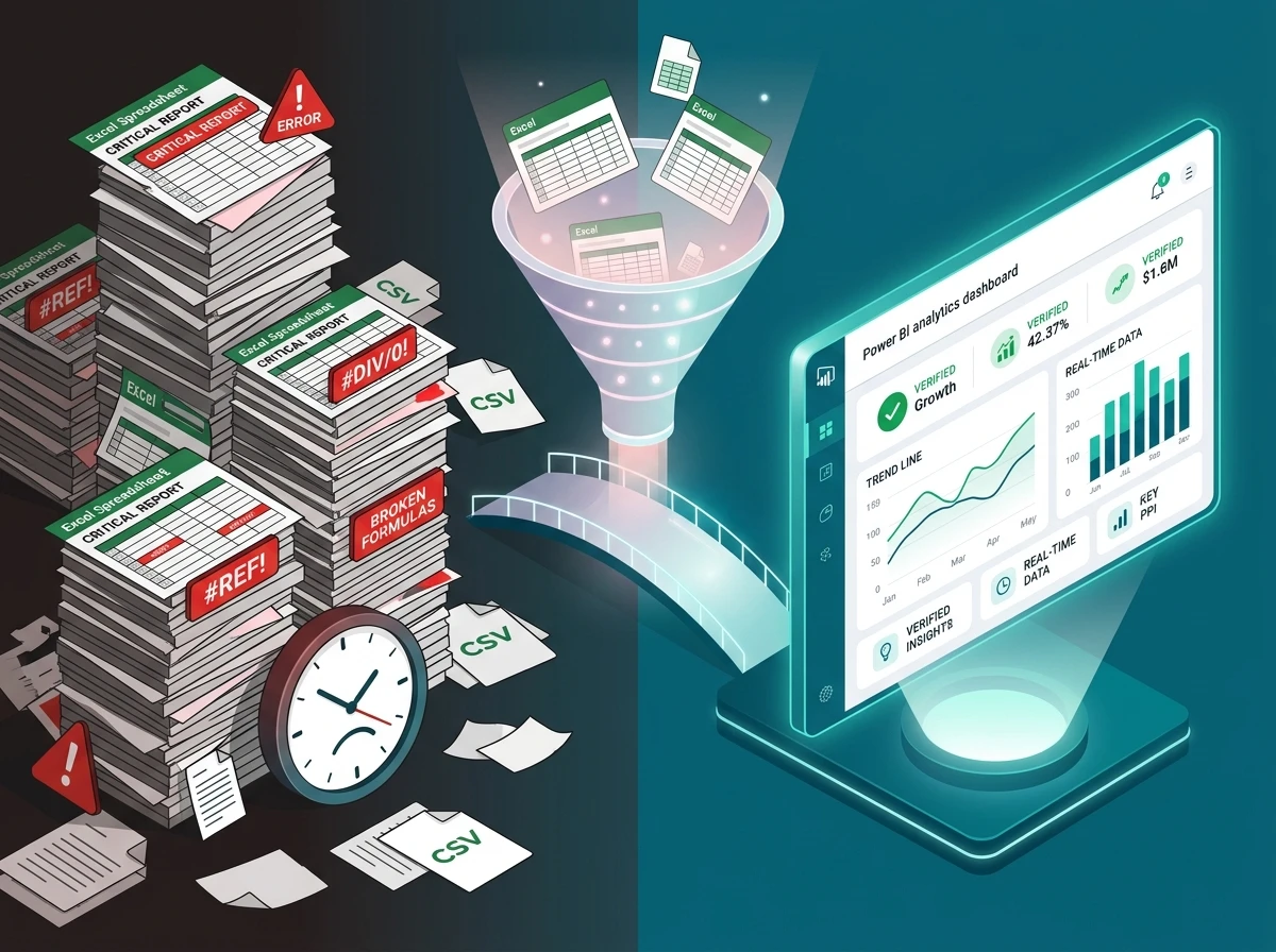 Illustration of the reporting bottleneck: moving from chaotic manual Excel workbooks with formula errors to automated real-time Power BI dashboards