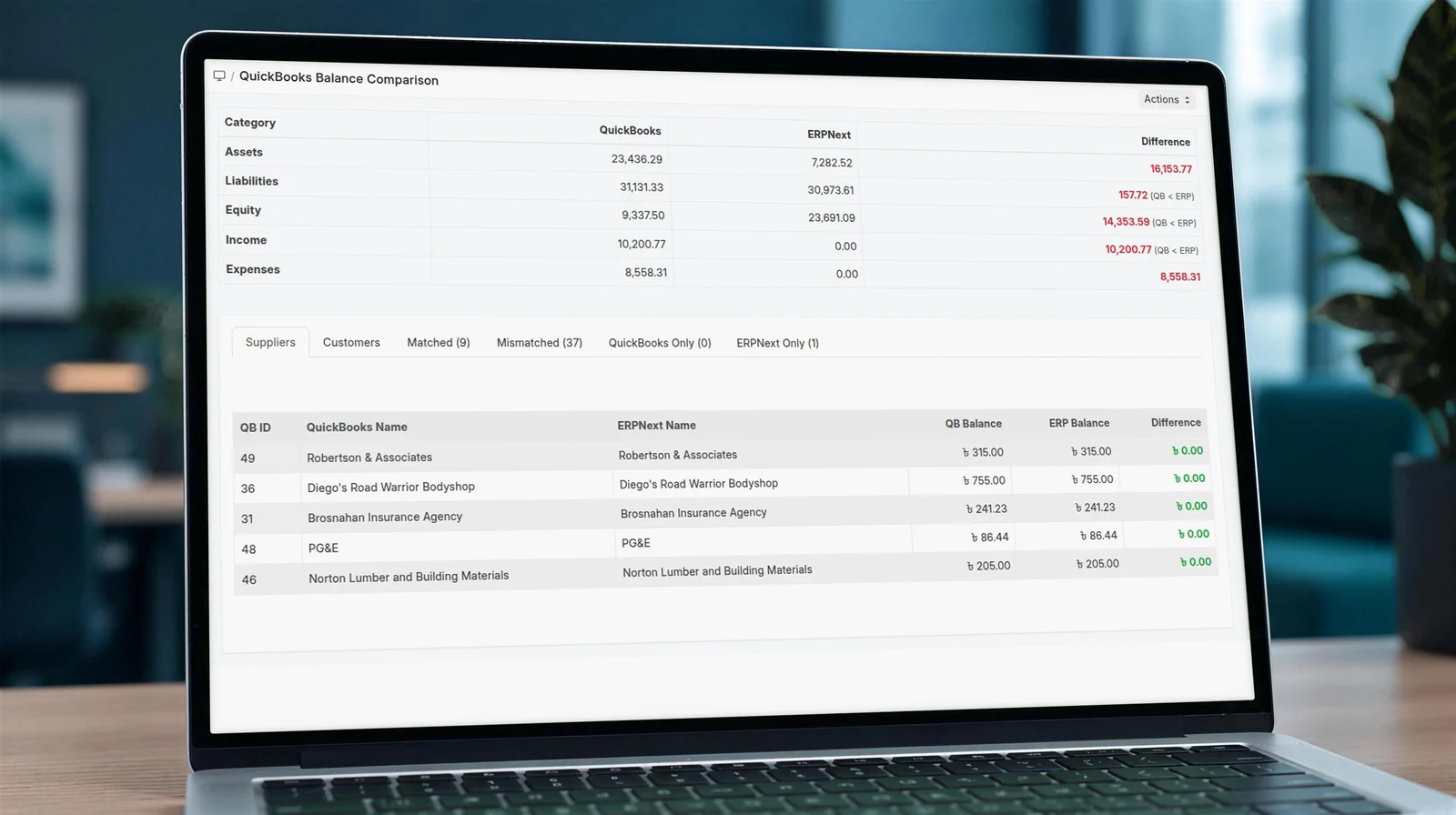 Laptop showing the QuickBooks Balance Comparison screen in ERPNext with QuickBooks and ERPNext balances side by side