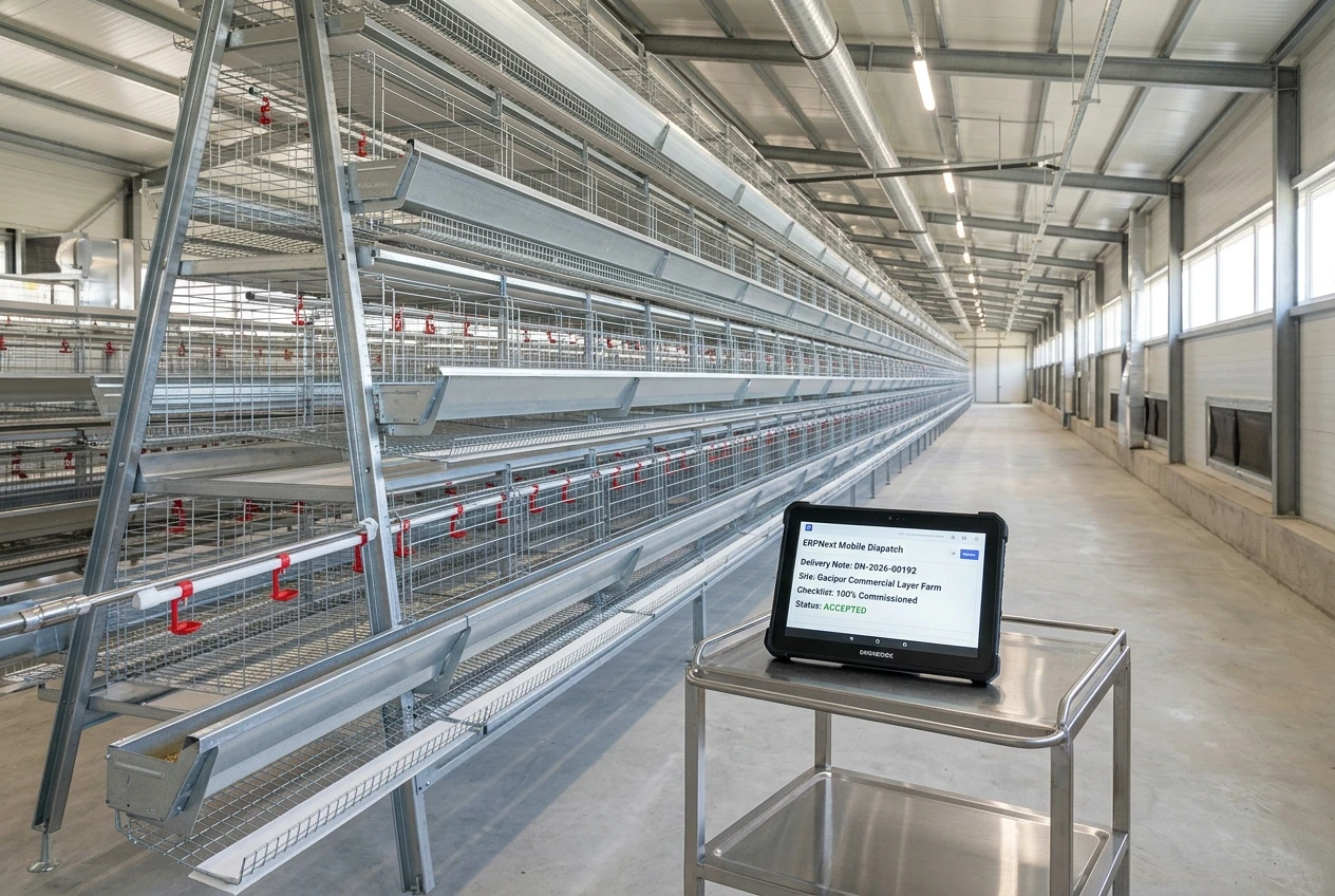 Commercial multi-tier galvanized poultry battery cage installation at site with ERPNext mobile dispatch and site acceptance terminal