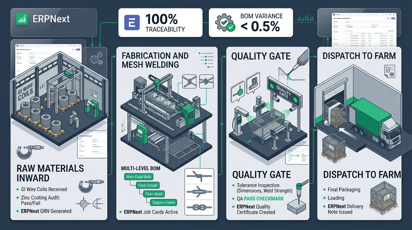 ERPNext manufacturing operations architecture diagram showing multi-level BOM traceability, wire mesh fabrication, quality inspection gate, and farm dispatch workflow