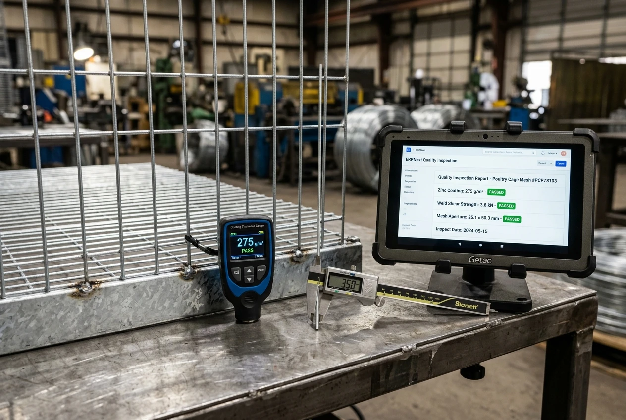 Galvanized poultry cage tolerance inspection showing digital coating thickness gauge, caliper, and ERPNext Quality Inspection tablet record