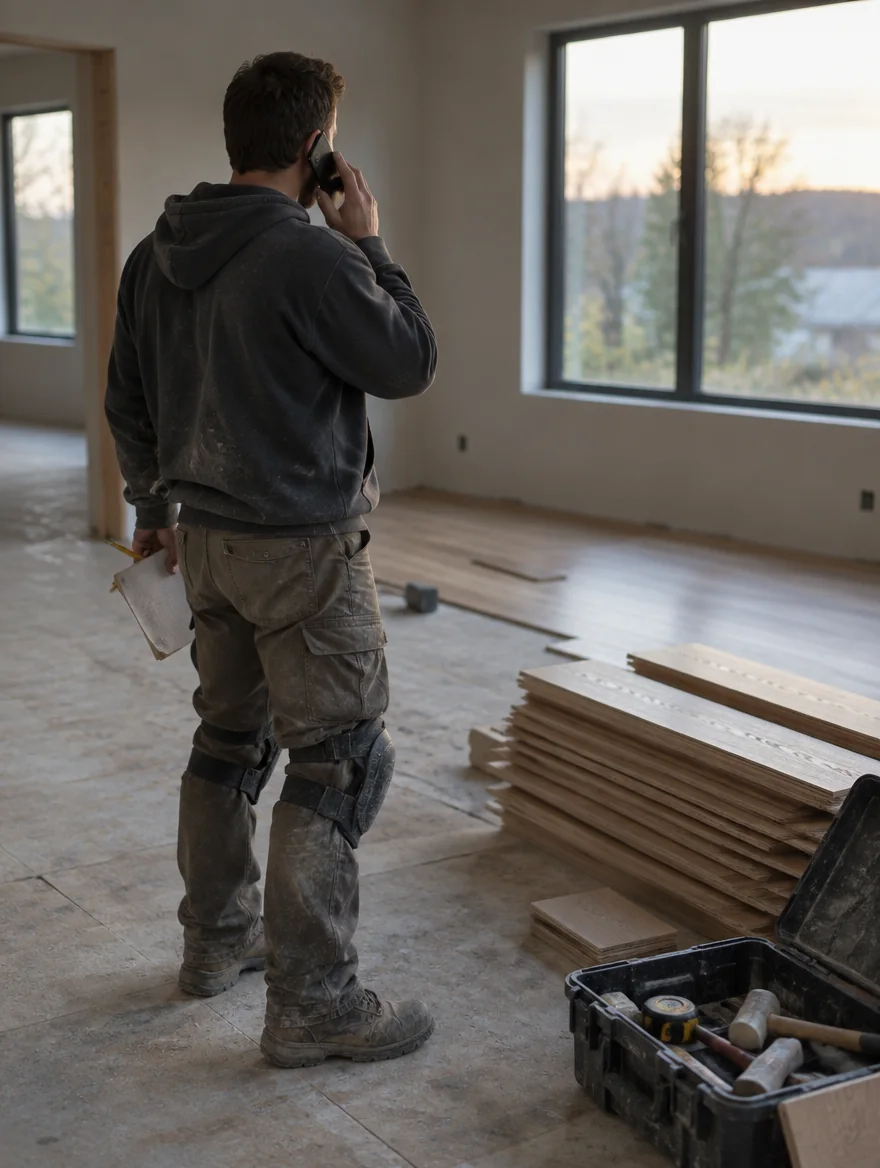 A wood flooring contractor on a job site taking an order by phone and writing it on a paper notepad, stacked oak boards and an open toolbox around him