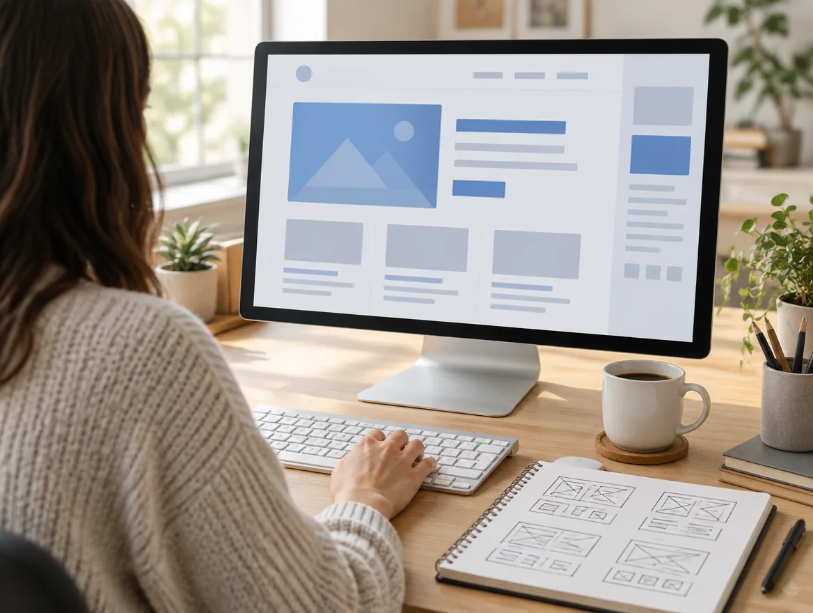 A web designer working on a website layout on a large monitor, with hand drawn wireframes in a notebook beside the keyboard
