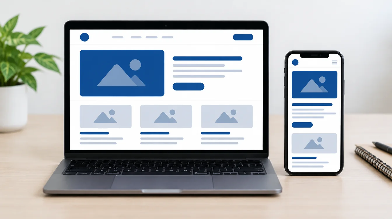 The same website layout shown side by side on a laptop and a phone, adapted to each screen size