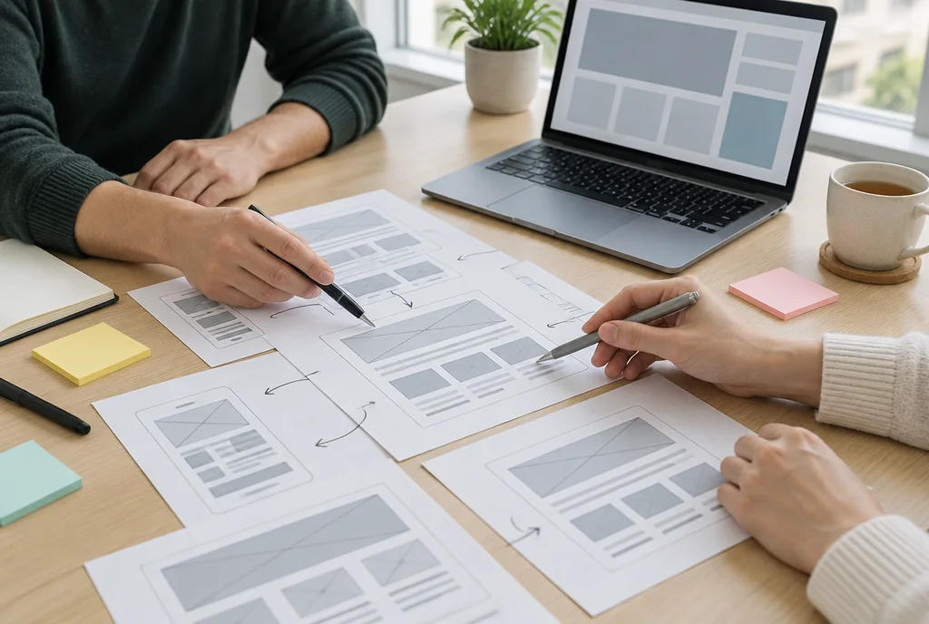 Two people reviewing printed website wireframes at a meeting table with a laptop showing the page layout