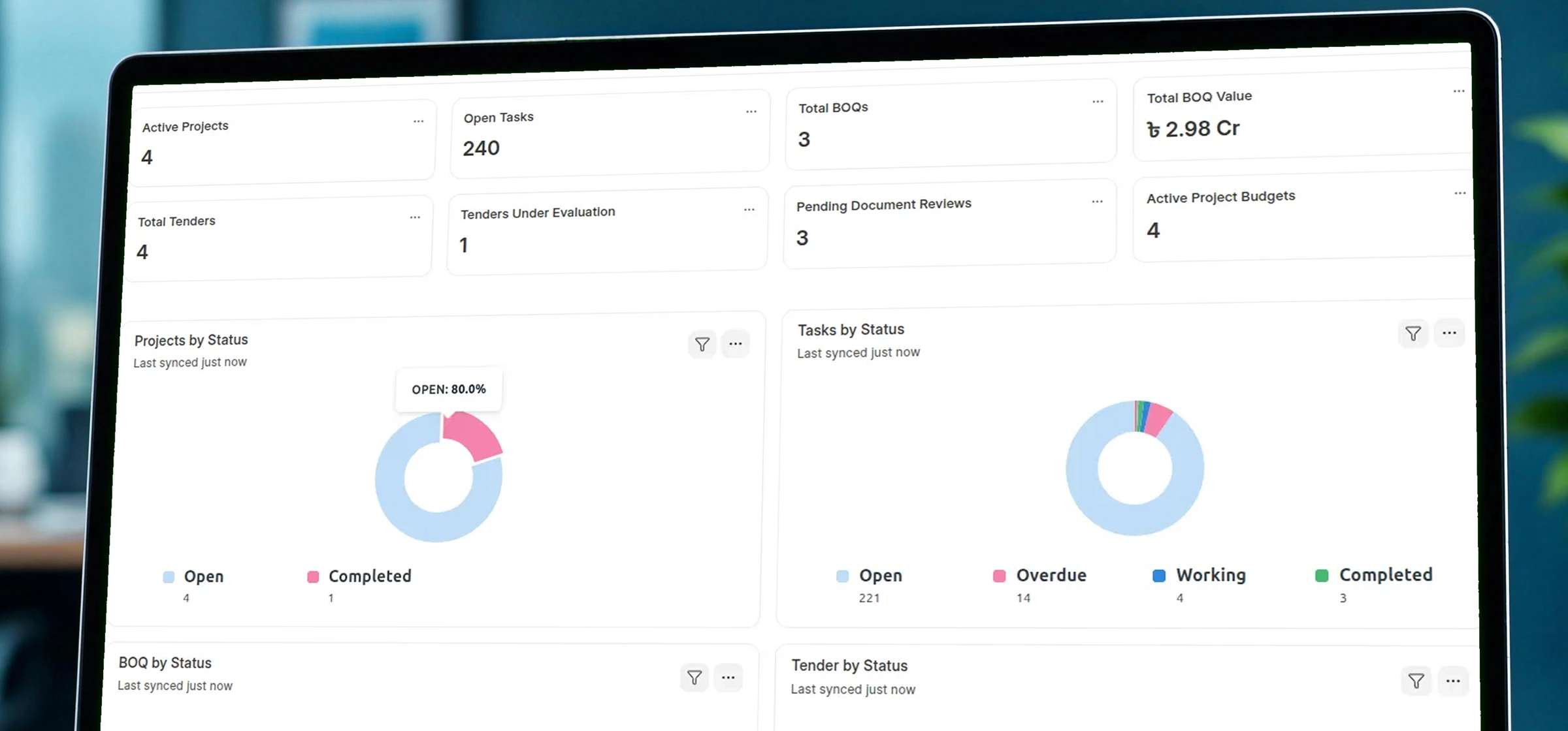 EPCForge dashboard close-up showing project, Task, BOQ and tender status