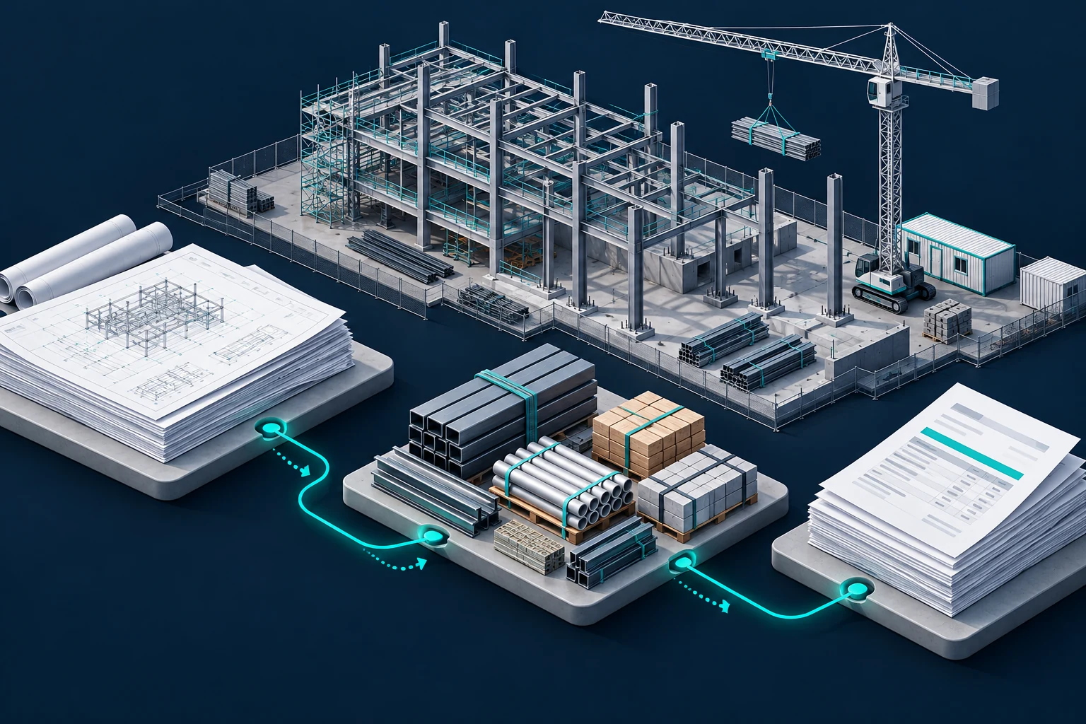Concept illustration connecting engineering drawings, construction materials and commercial documents