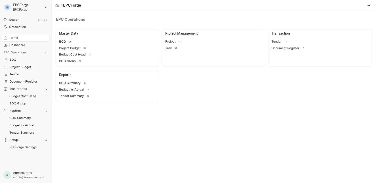 EPCForge workspace with BOQ, Project Budget, Project, Task, Tender and Document Register navigation