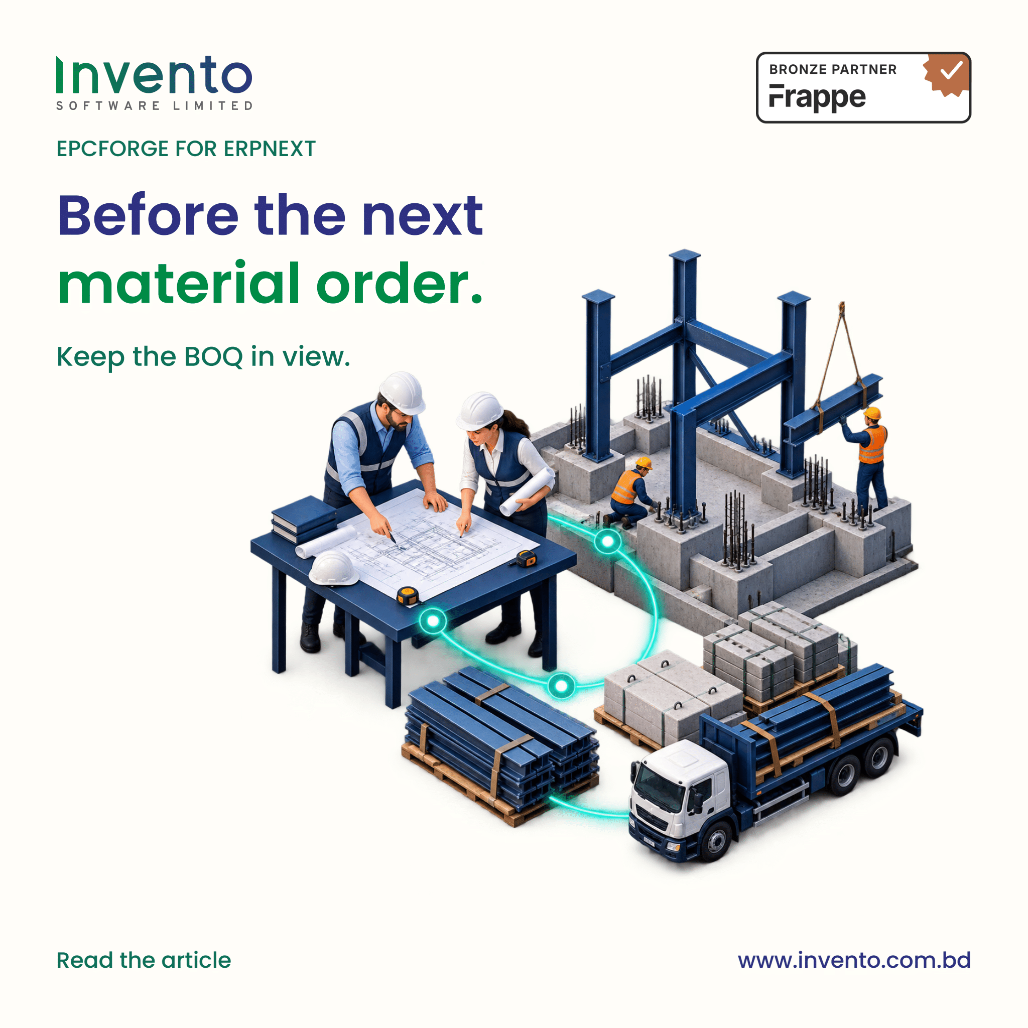 Ivory square poster with the Invento logo and official Frappe Bronze Partner badge. Headline: Before the next material order. Supporting text: EPCForge for ERPNext. Keep the BOQ in view. An illustrated construction team reviews a plan beside materials, a delivery truck and steel foundations. Bottom text invites the reader to the article at Invento's website.