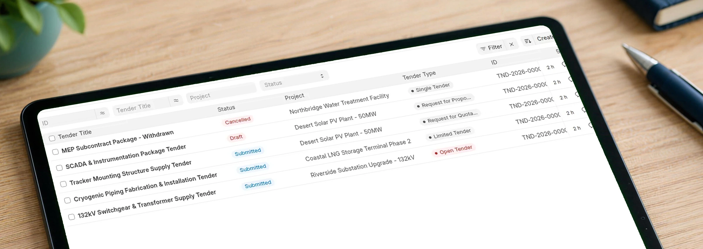 EPCForge tender list close-up with status, project and tender type