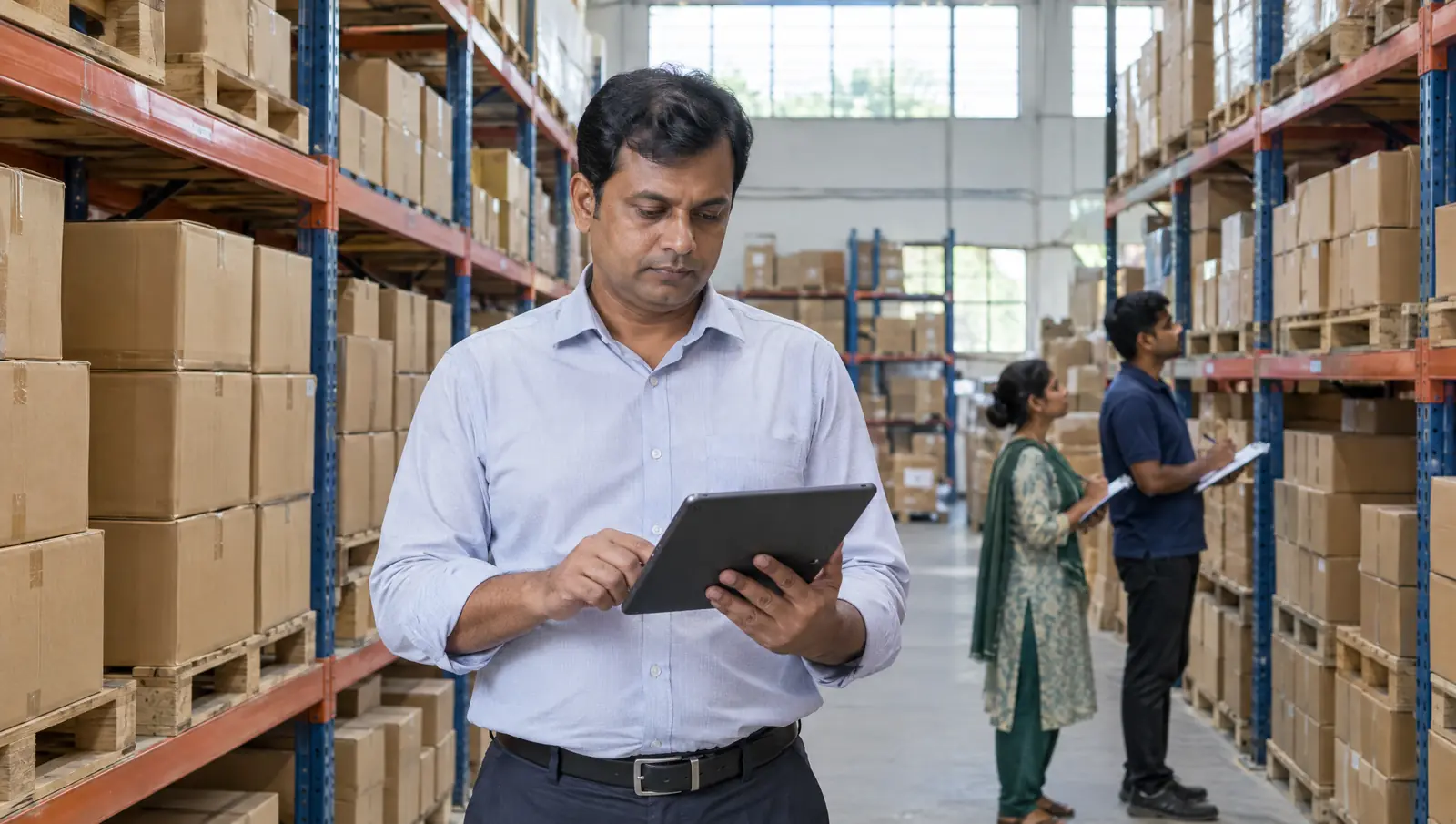 Business owner checking stock on a tablet in a warehouse