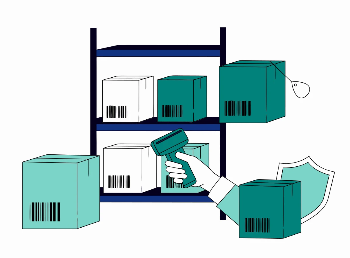 Illustration of cartons, a barcode scanner and goods set aside for inspection
