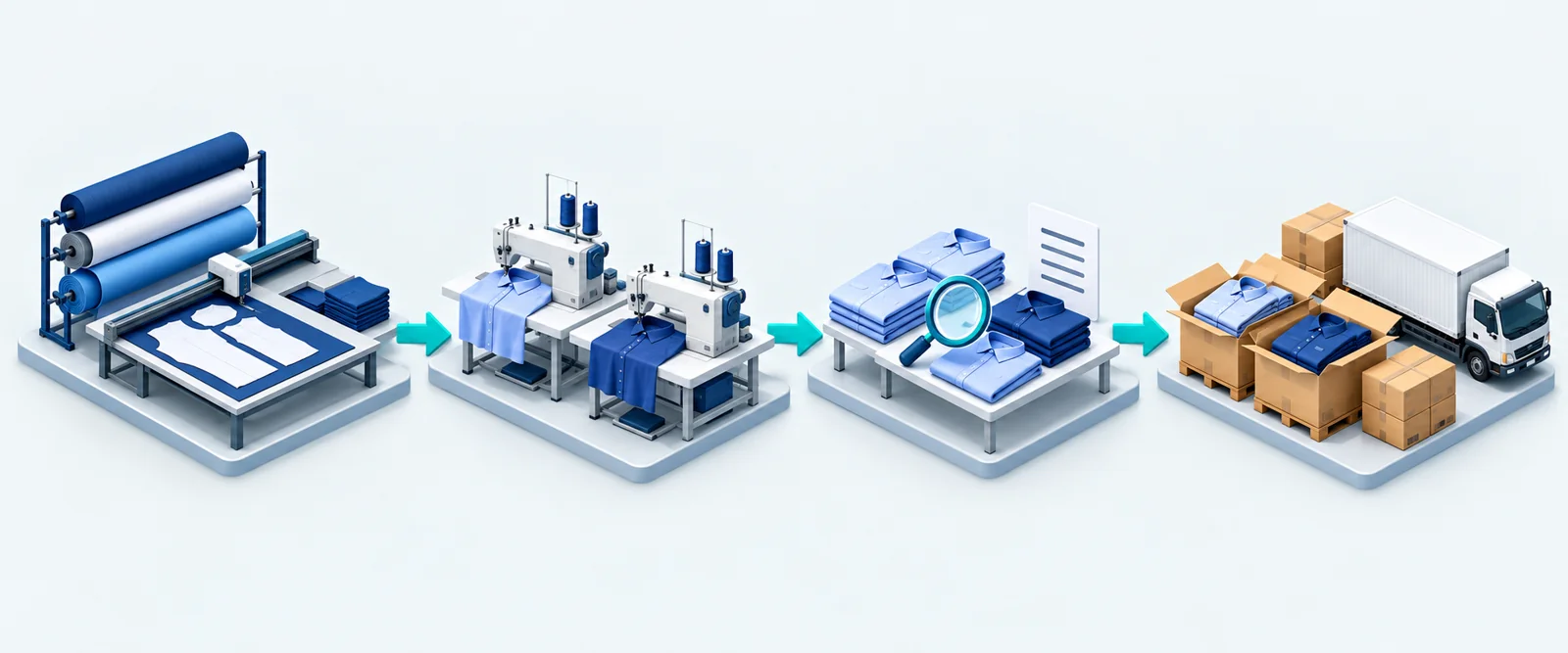 Garment production workflow from fabric cutting and sewing to quality inspection, packing and delivery