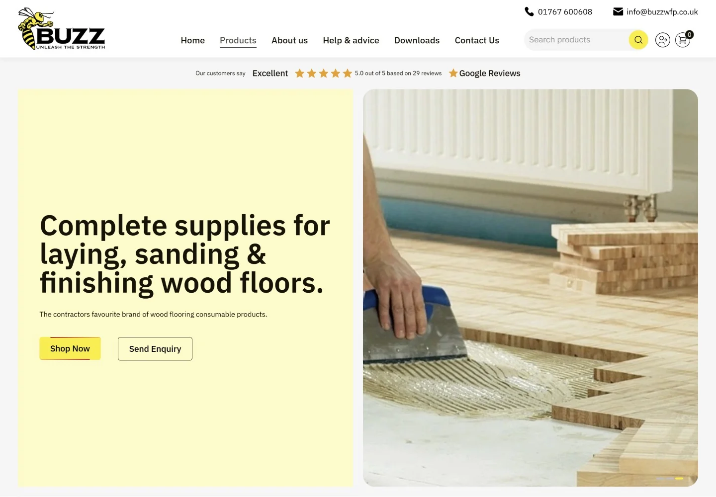 Public Buzz Online desktop website with flooring supplies, shop navigation and product imagery