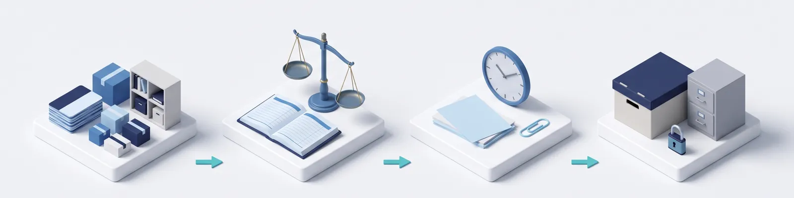 Four steps: customer, supplier and product records; balanced account books; unpaid invoices waiting; old records locked in an archive