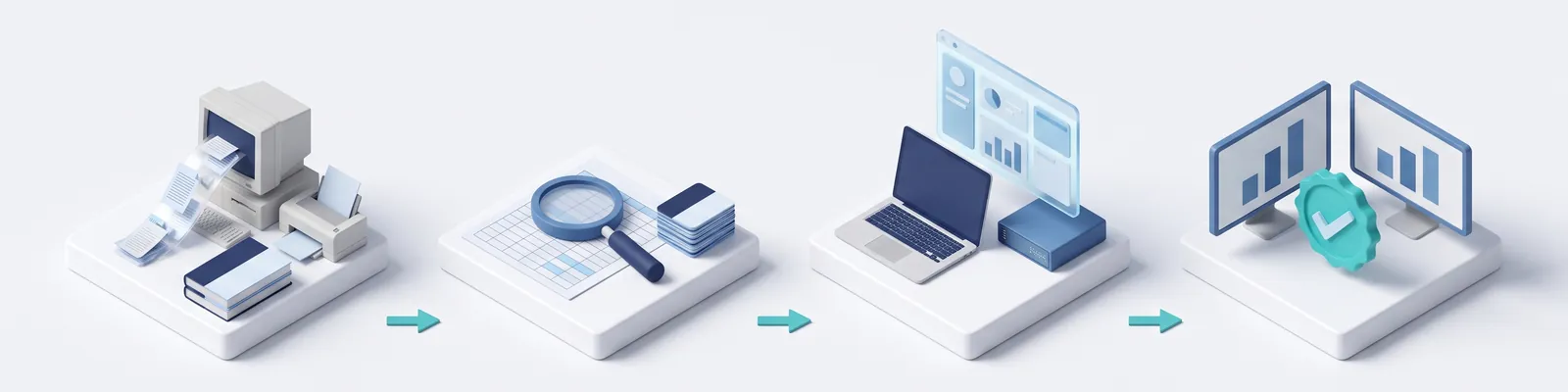 Four steps: exporting from an older computer, checking a spreadsheet, importing into a test system, and two matching dashboards with a check mark