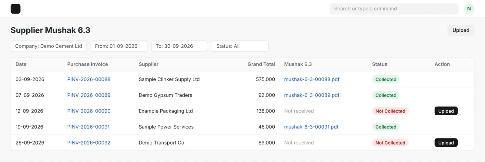 Illustrated Supplier Mushak 6.3 report in ERPNext with sample data, showing three purchases collected and two not collected