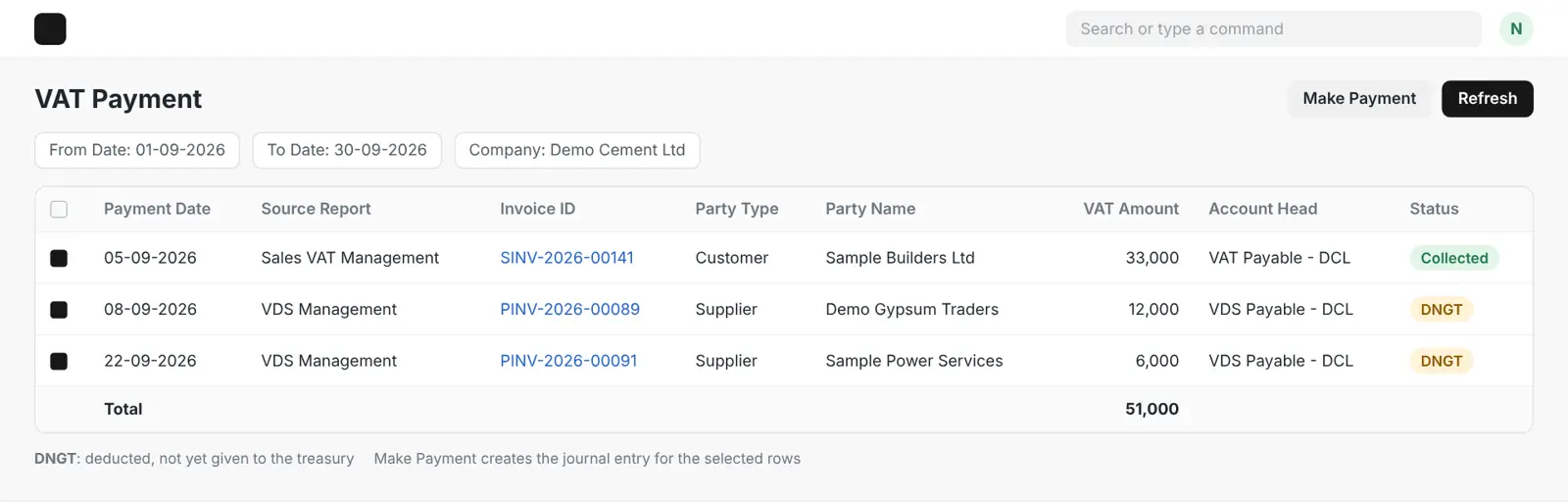 Illustrated VAT Payment page in ERPNext with sample data, listing sales VAT and VDS rows ready for a treasury deposit