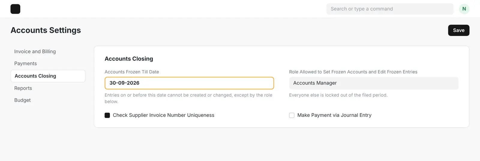 Illustrated ERPNext Accounts Settings screen with the Accounts Frozen Till Date set to the last day of the filed period