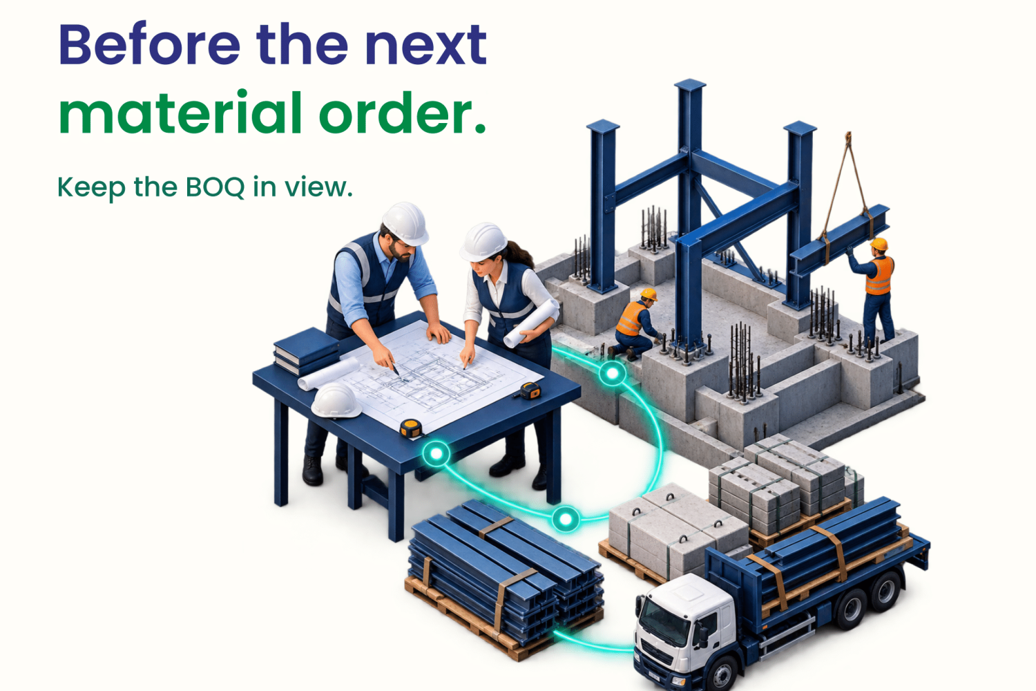 Ivory square poster with the Invento logo and official Frappe Bronze Partner badge. Headline: Before the next material order. Supporting text: EPCForge for ERPNext. Keep the BOQ in view. An illustrated construction team reviews a plan beside materials, a delivery truck and steel foundations. Bottom text invites the reader to the article at Invento's website.